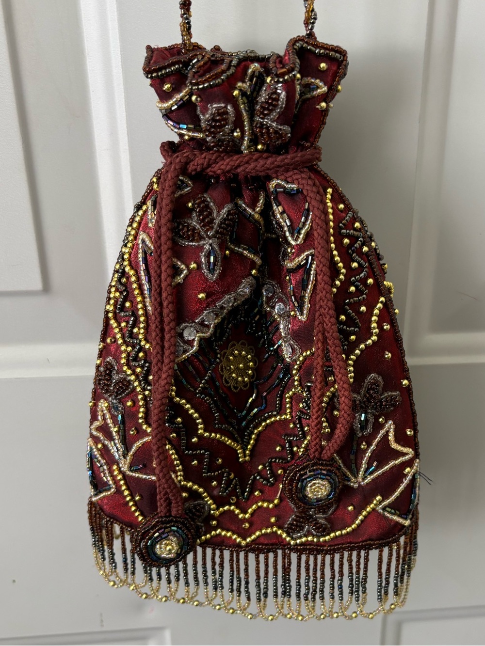 Vintage Beaded Burgundy Drawstring Evening Bag